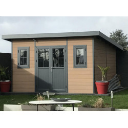 Abrigo de jardim em madeira compósita 28mm aspeto madeira 14,90m² PREMIUM - telhado plano - Woodlife Garden