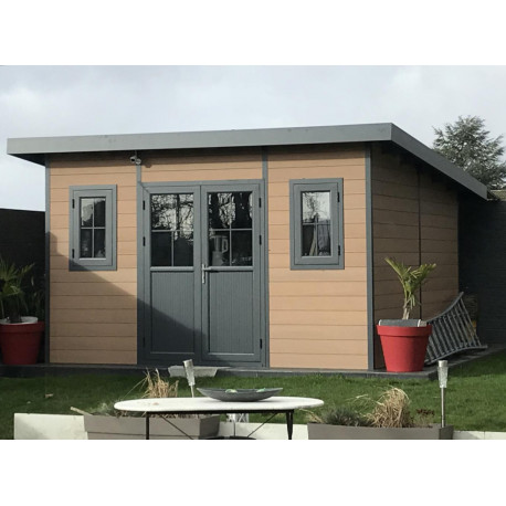 Abrigo de jardim em madeira compósita 28mm aspeto madeira 14,90m² PREMIUM - telhado plano - Woodlife Garden