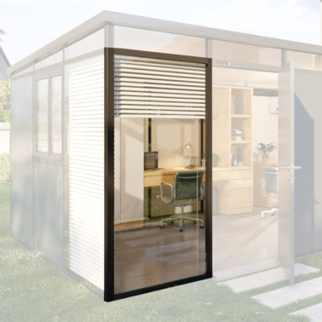Painel de vidro duplo com estore integrado e moldura preta para abrigo de jardim Everbox