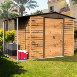 Abrigo de jardim em metal com efeito madeira 4,78 m² com alpendre + kit de fundação ALPINE – DURAMAX