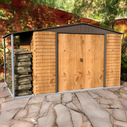 Abrigo de jardim em metal com efeito madeira 7,81 m² com alpendre + kit de fundação ALPINE – Duramax