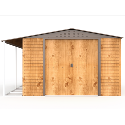 Abrigo de jardim em metal efeito madeira 9,75 m² com alpendre + kit de fundação ALPINE – DURAMAX
