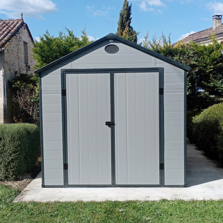 Abrigo de jardim em resina cinzento 5,32m² + kit de fundação - JOBU 
