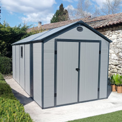 Abrigo de jardim em resina cinzento 11m² + kit de fundação - JOBU