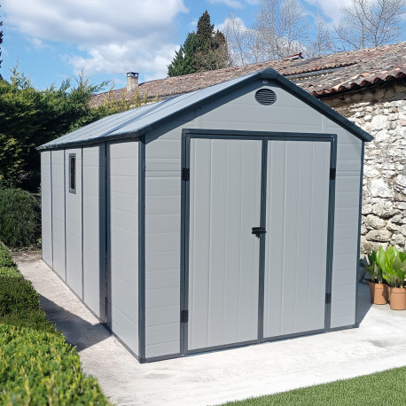 Abrigo de jardim em resina cinzento 11m² + kit de fundação - JOBU