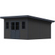 Abrigo de jardim 14,9 m² em madeira composta 28 mm cinza escuro, estrutura antracite, teto plano – Woodlife Garden Premium