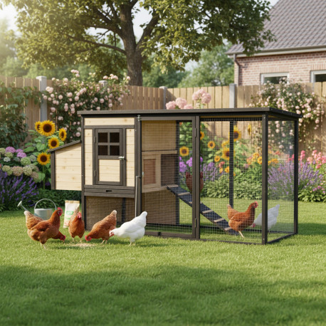 Gaiola em madeira FSC termotratada 200x75,5x103cm com telhado de betume para 4 a 5 galinhas – Shelty Pet