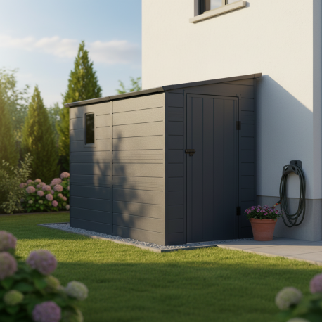 Abrigo de jardim encostado em resina antracite 3,55m2 + kit de fundação - JOBU