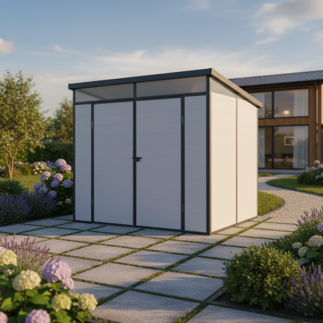 Abrigo de jardim em resina 4,10m² cinzento claro telhado uma água skylight + piso - JOBU 