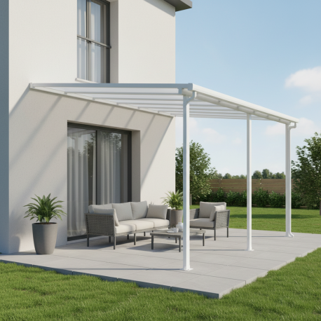 Pérgula encostada ajustável – cobertura de terraço em alumínio lacado a branco 400x434 cm – X-METAL