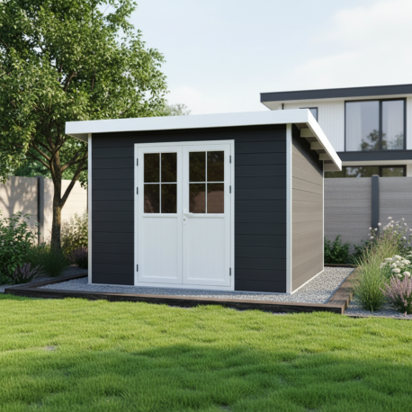 Abrigo de jardim em madeira compósita 28mm antracite 4,41m² PREMIUM - telhado plano - Woodlife Garden