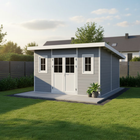 Abrigo de jardim em madeira compósita 28mm cinzento claro 14,90m² PREMIUM - telhado plano - Woodlife Garden