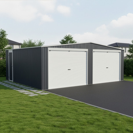 Garagem dupla de 637x513cm em aço galvanizado cinzento antracite com portas de enrolar - X-METAL