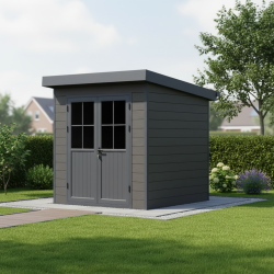 Abrigo de jardim em madeira composta 28 mm cinza escuro com estrutura antracite 4,41 m² PREMIUM com teto plano – Woodlife Garden