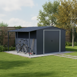 Abrigo de jardim em metal antracite 9,75 m² com alpendre + kit de fundação ALPINE – DURAMAX