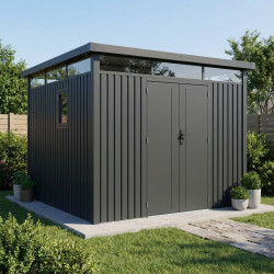 Abrigo de jardim em aço galvanizado Kosto cinzento escuro 8,64m² + kit de ancoragem - X-Métal
