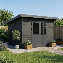 Abrigo de jardim em madeira composta 28 mm cinza escuro com estrutura antracite 9 m² PREMIUM com teto plano – Woodlife Garden
