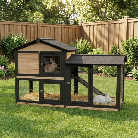 Coelheira em madeira FSC termotratada com vedação 147x53x92cm para 4 coelhos ou outros roedores - Shelty Pet