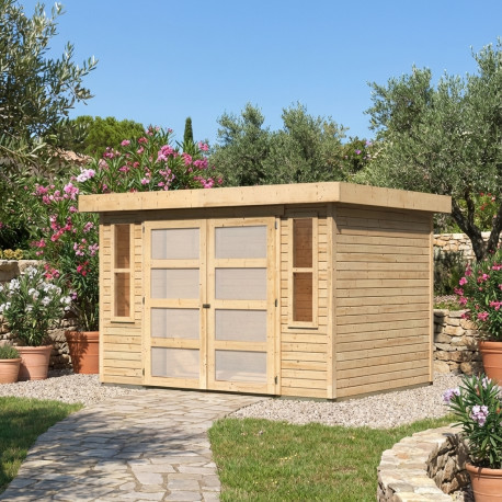 Abrigo de jardim com cobertura plana 6,55 m² em madeira natural 19 mm Mühlendorf 4 – Karibu