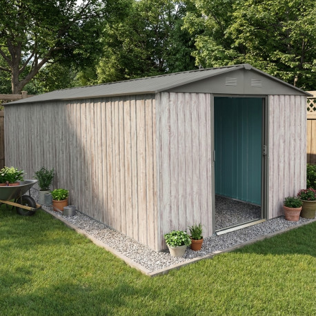 Abrigo de jardim em metal 13,6m² WoodTouch bege + Kit de fixação X-METAL