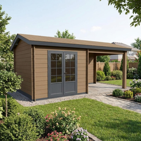 Abrigo de jardim em madeira compósita madeira envelhecida 9m²+9m² terraço - Woodlife Garden