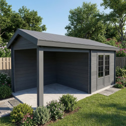 Abrigo de jardim em madeira compósita cinzento escuro 9m² + 9m² terraço - Woodlife Garden