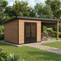 Abrigo de jardim em madeira compósita estrutura em alumínio cor madeira envelhecida, 7,8 m² + terraço – Woodlife Garden