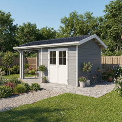 Abrigo de jardim + alpendre em compósito de madeira 28mm cinzento claro 15m² PREMIUM - Woodlife Garden