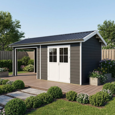 Abrigo de jardim + terraço em compósito de madeira 28mm antracite 15m² PREMIUM - Woodlife Garden