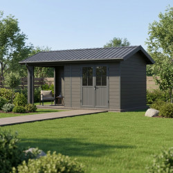 Abrigo de jardim + terraço em madeira composta 28 mm cinza escuro com estrutura antracite 15 m² PREMIUM – Woodlife Garden