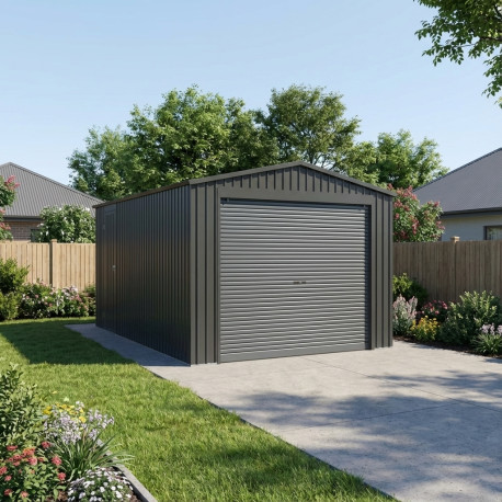 Garagem em metal antracite 15,14 m² com porta de enrolar antracite + kit de ancoragem – X-METAL