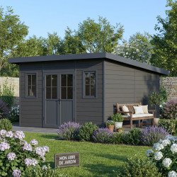 Abrigo de jardim 14,9 m² em madeira composta 28 mm cinza escuro, estrutura antracite, teto plano – Woodlife Garden Premium