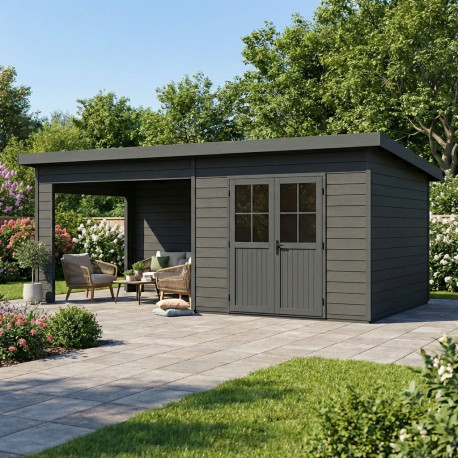 Abrigo de jardim e terraço 15 m², telhado inclinado, madeira composta 28 mm, antracite – Woodlife Garden Premium