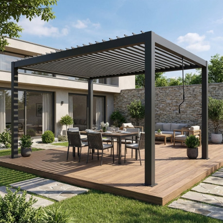 Pérgula bioclimática autoportante NEWSTEEL em aço galvanizado antracite 4 × 4 m H.250 cm – X-METAL