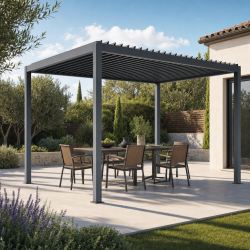 Pérgula bioclimática autoportante motorizada em alumínio antracite 3x4 m – com comando à distância – X-METAL