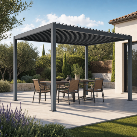 Pérgula bioclimática autoportante motorizada em alumínio antracite 3x4 m – com comando à distância – X-METAL