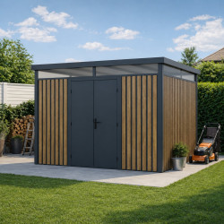 Abrigo de jardim em aço galvanizado de 0,4 mm Woodsteel 8,8 m² com kit de ancoragem – X-Métal