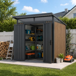Abrigo de jardim em aço galvanizado 0,4 mm WOODSTEEL 4,5 m² com telhado de uma água + kit de fixação – X-METAL