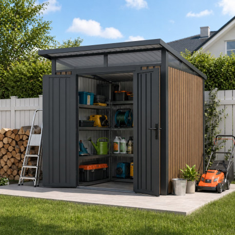 Abrigo de jardim em aço galvanizado 0,4 mm WOODSTEEL 4,5 m² com telhado de uma água + kit de fixação – X-METAL
