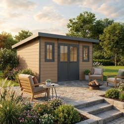 Abrigo de jardim em madeira compósita 28 mm, aspeto madeira, 12 m² PREMIUM com telhado de uma água – Woodlife Garden