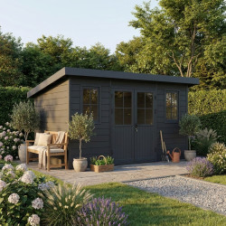 Abrigo de jardim 12 m² em madeira composta 28 mm cinza escuro, estrutura antracite, telhado inclinado – Woodlife Garden Premium
