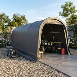 Garagem desmontável 6,1 x 3 m – 18,3 m² em aço galvanizado + PES e polietileno cinzento – Jôbu