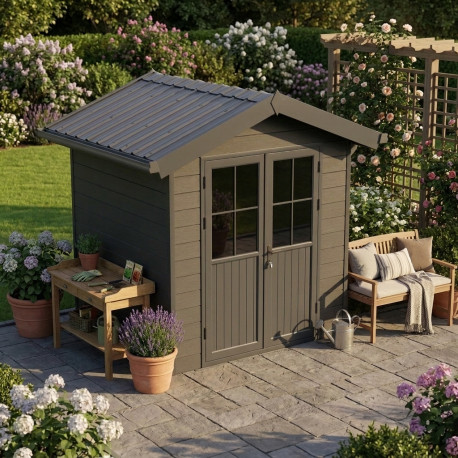 Abrigo de jardim em madeira composta 28 mm cinza escuro com estrutura antracite 4,77 m² PREMIUM – Woodlife Garden