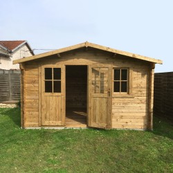 Abrigo em madeira maciça 12m² PLUS 28mm tratado e tingido castanho Gardy Shelter